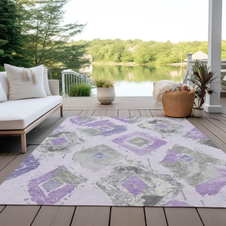 8' X 10' Lavender Gray And Ivory Geometric Washable Indoor Outdoor Area Rug