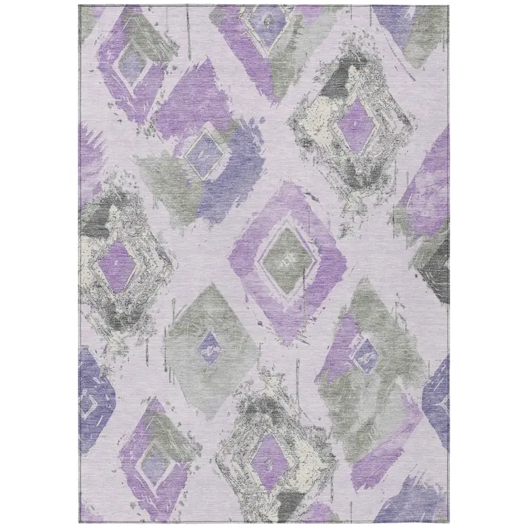 8' X 10' Lavender Gray And Ivory Geometric Washable Indoor Outdoor Area Rug