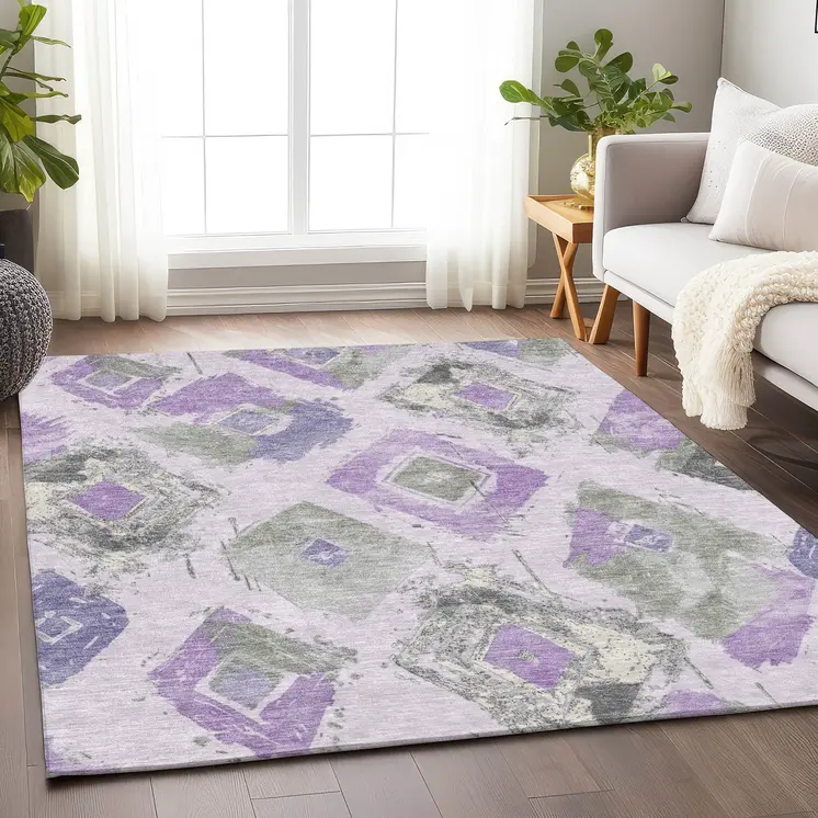 8' X 10' Lavender Gray And Ivory Geometric Washable Indoor Outdoor Area Rug