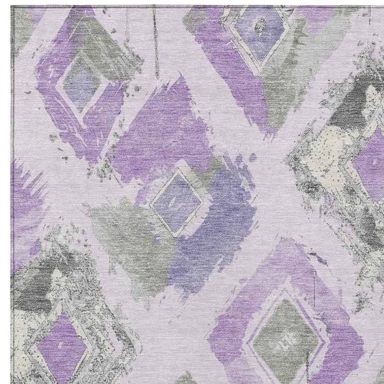 9' X 12' Lavender Gray And Ivory Geometric Washable Indoor Outdoor Area Rug