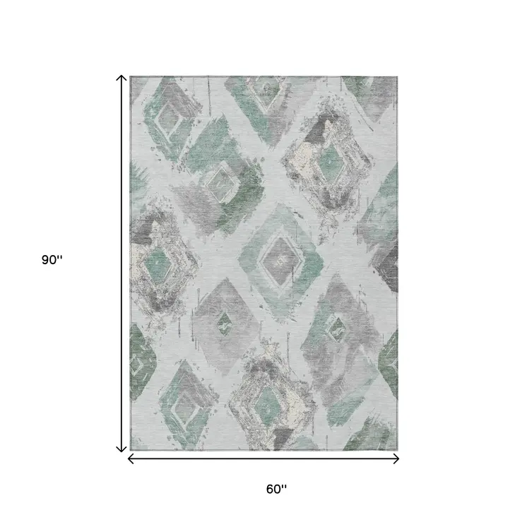 5' X 8' Pale Aqua Mint Green And Gray Geometric Washable Indoor Outdoor Area Rug