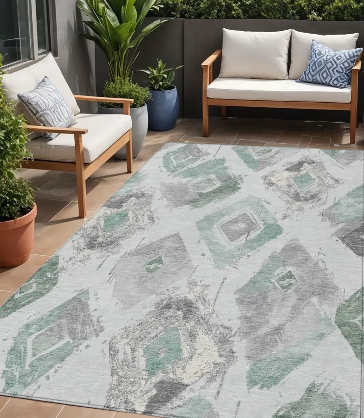 5' X 8' Pale Aqua Mint Green And Gray Geometric Washable Indoor Outdoor Area Rug