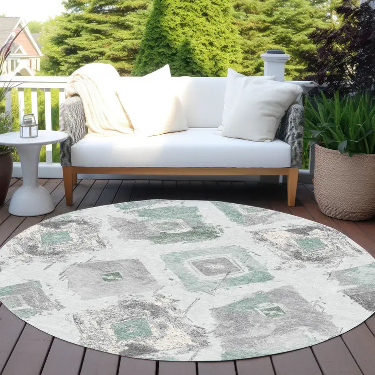 8' Pale Aqua Mint Green And Gray Round Geometric Washable Indoor Outdoor Area Rug
