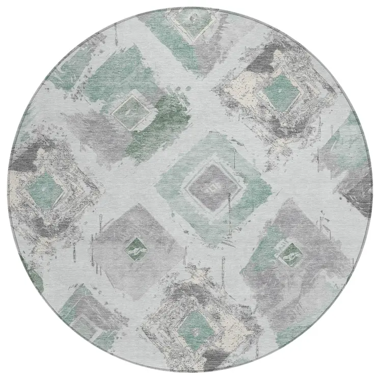 8' Pale Aqua Mint Green And Gray Round Geometric Washable Indoor Outdoor Area Rug