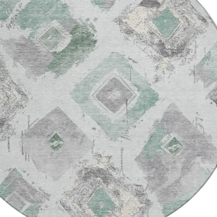 8' Pale Aqua Mint Green And Gray Round Geometric Washable Indoor Outdoor Area Rug
