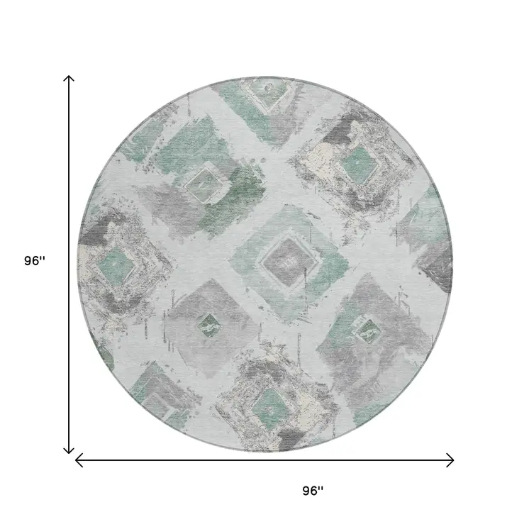 8' Pale Aqua Mint Green And Gray Round Geometric Washable Indoor Outdoor Area Rug