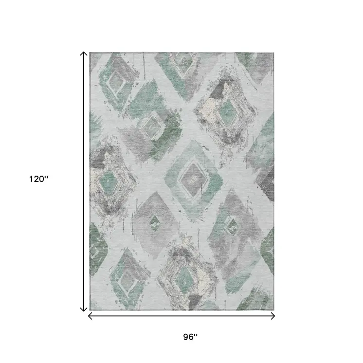 8' X 10' Pale Aqua Mint Green And Gray Geometric Washable Indoor Outdoor Area Rug