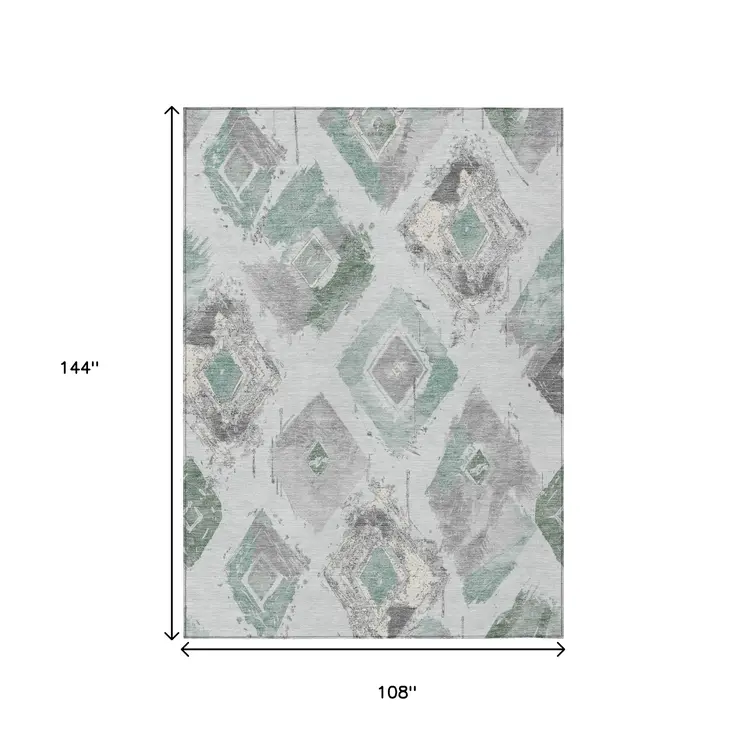 9' X 12' Pale Aqua Mint Green And Gray Geometric Washable Indoor Outdoor Area Rug
