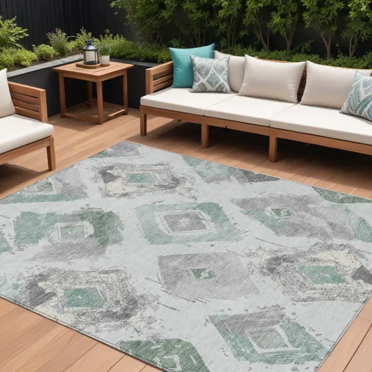 9' X 12' Pale Aqua Mint Green And Gray Geometric Washable Indoor Outdoor Area Rug