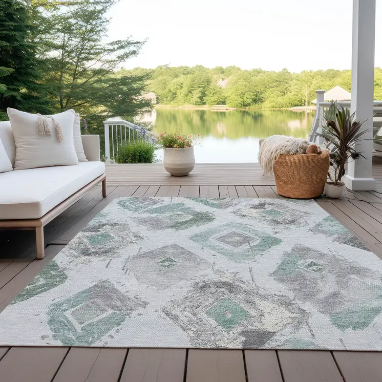 9' X 12' Pale Aqua Mint Green And Gray Geometric Washable Indoor Outdoor Area Rug
