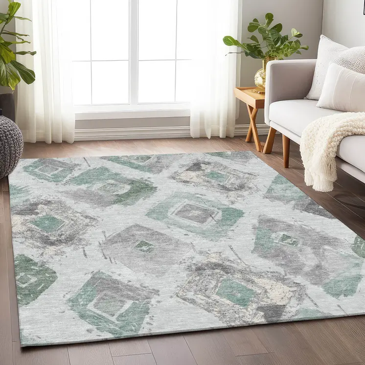 9' X 12' Pale Aqua Mint Green And Gray Geometric Washable Indoor Outdoor Area Rug