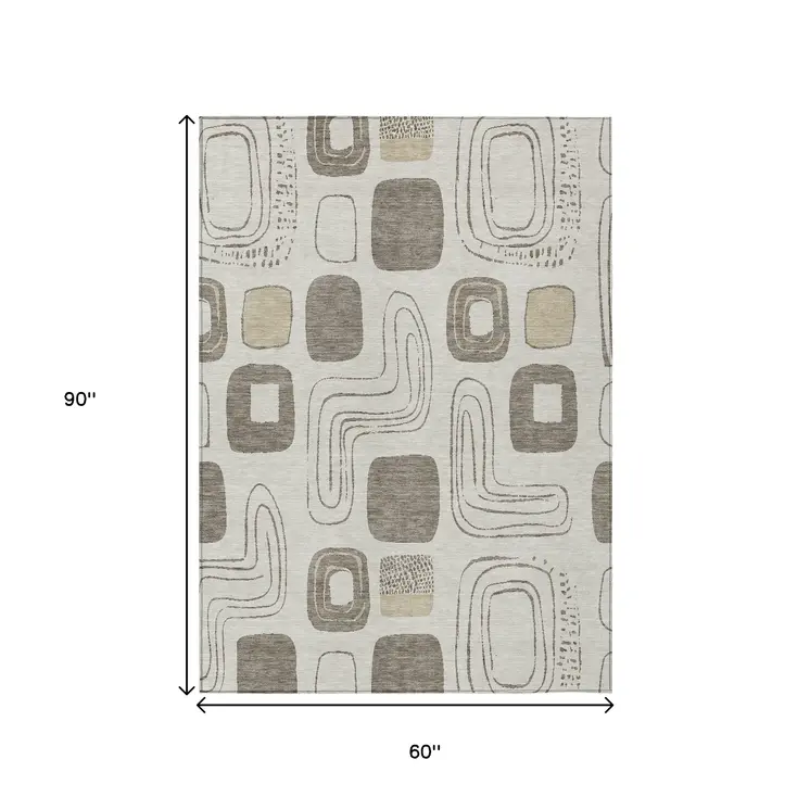 5' X 8' Beige Taupe And Tan Geometric Washable Indoor Outdoor Area Rug