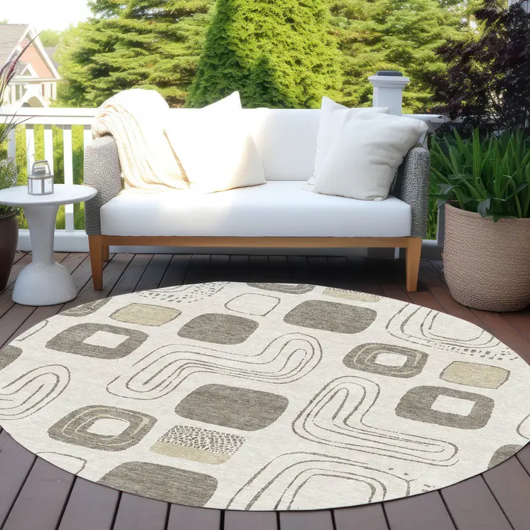 8' Beige Taupe And Tan Round Geometric Washable Indoor Outdoor Area Rug