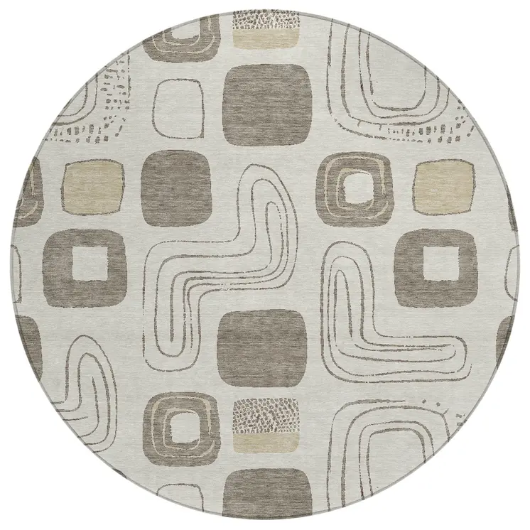 8' Beige Taupe And Tan Round Geometric Washable Indoor Outdoor Area Rug