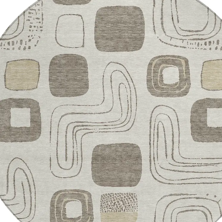 8' Beige Taupe And Tan Round Geometric Washable Indoor Outdoor Area Rug