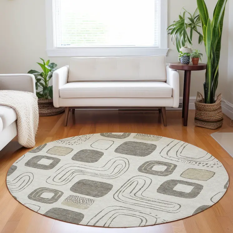 8' Beige Taupe And Tan Round Geometric Washable Indoor Outdoor Area Rug