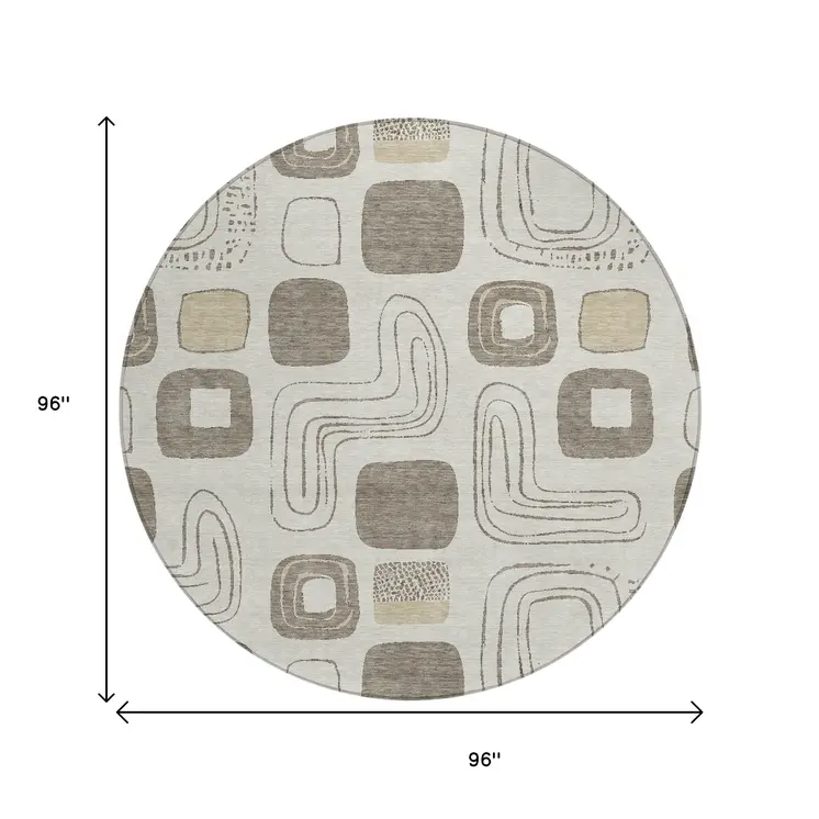 8' Beige Taupe And Tan Round Geometric Washable Indoor Outdoor Area Rug
