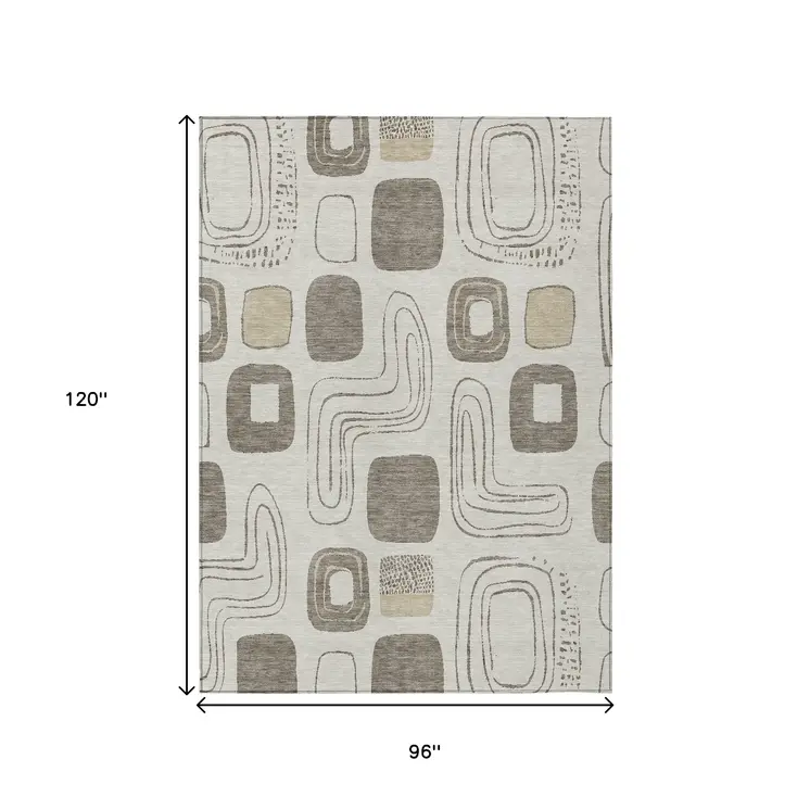 8' X 10' Beige Taupe And Tan Geometric Washable Indoor Outdoor Area Rug