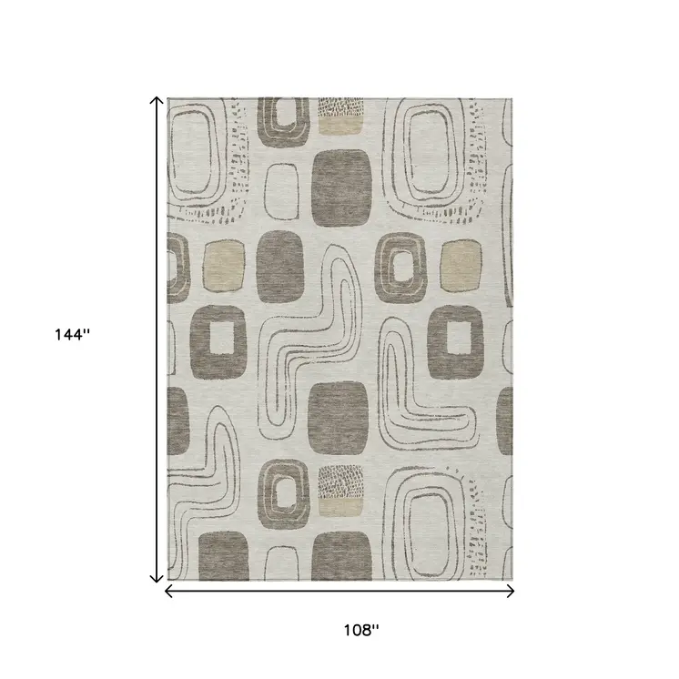 9' X 12' Beige Taupe And Tan Geometric Washable Indoor Outdoor Area Rug