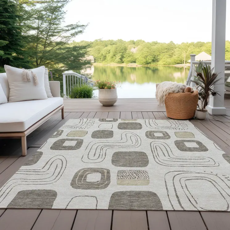 9' X 12' Beige Taupe And Tan Geometric Washable Indoor Outdoor Area Rug