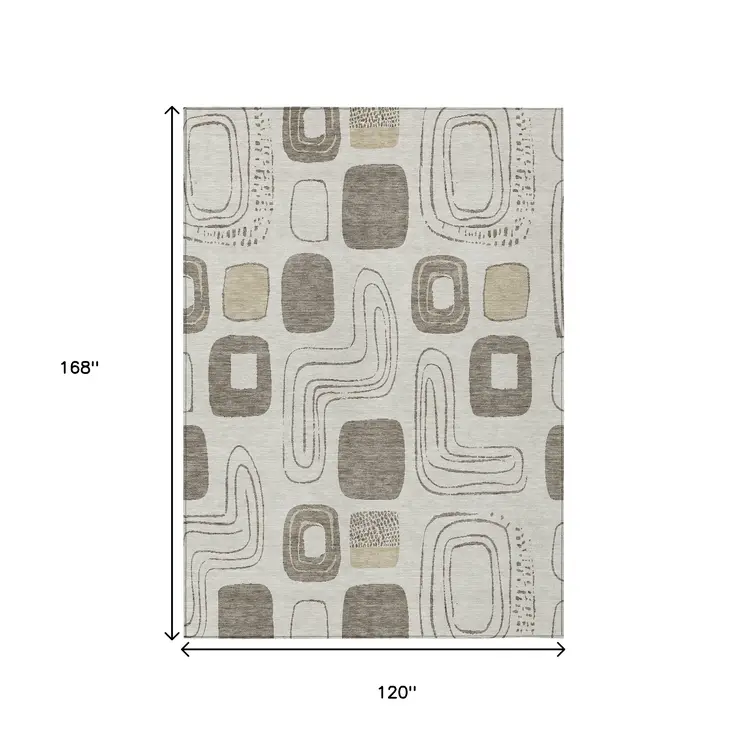 10' X 14' Beige Taupe And Tan Geometric Washable Indoor Outdoor Area Rug