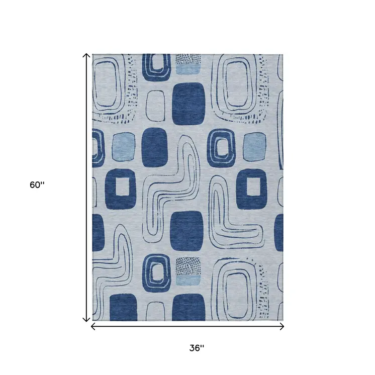 3' X 5' Blue And Sky Blue Geometric Washable Indoor Outdoor Area Rug