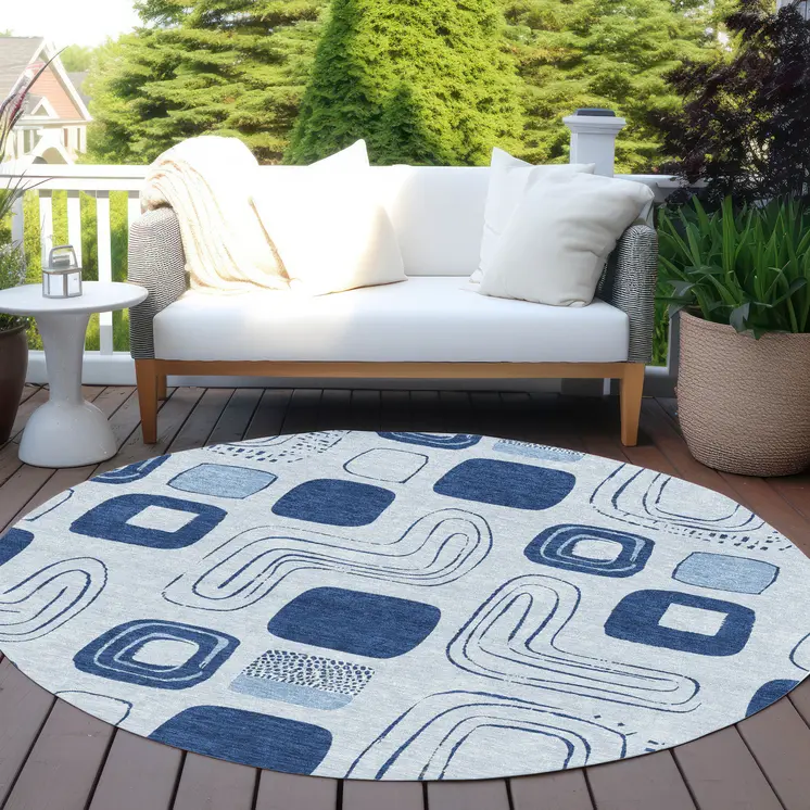 8' Blue And Sky Blue Round Geometric Washable Indoor Outdoor Area Rug