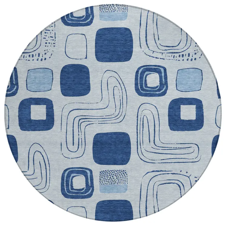 8' Blue And Sky Blue Round Geometric Washable Indoor Outdoor Area Rug