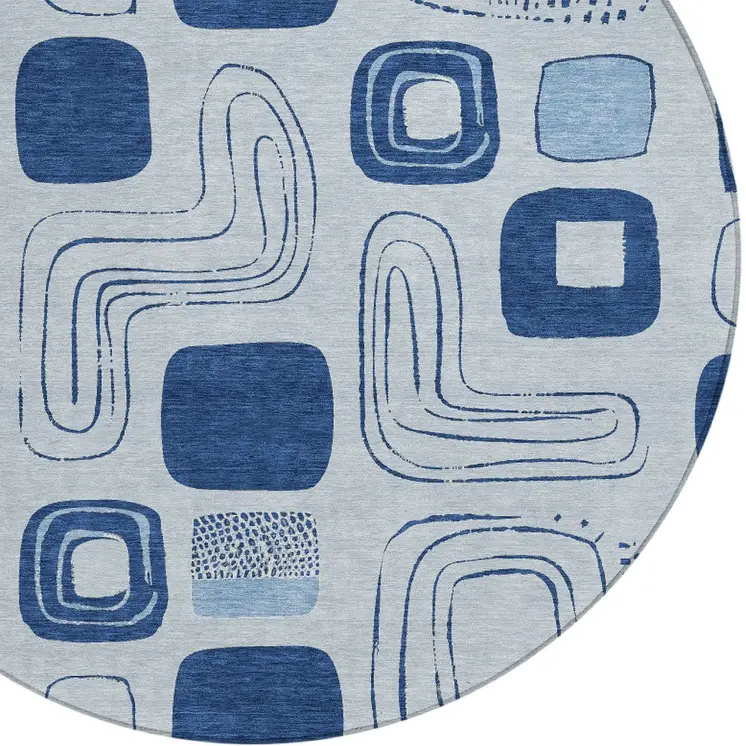 8' Blue And Sky Blue Round Geometric Washable Indoor Outdoor Area Rug