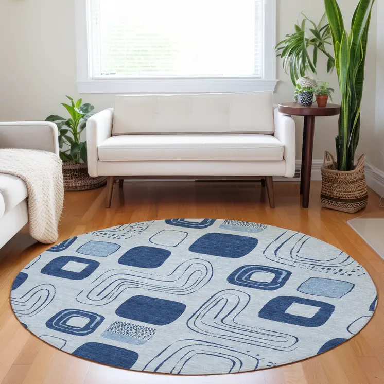8' Blue And Sky Blue Round Geometric Washable Indoor Outdoor Area Rug