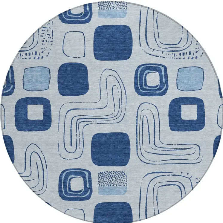 8' Blue And Sky Blue Round Geometric Washable Indoor Outdoor Area Rug