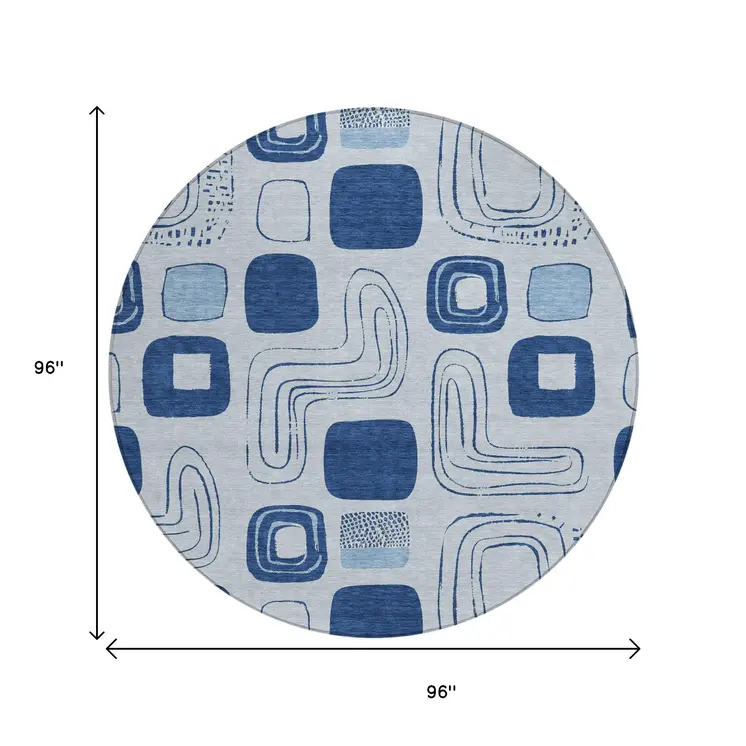 8' Blue And Sky Blue Round Geometric Washable Indoor Outdoor Area Rug