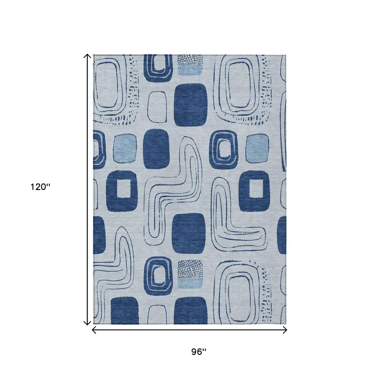 8' X 10' Blue And Sky Blue Geometric Washable Indoor Outdoor Area Rug