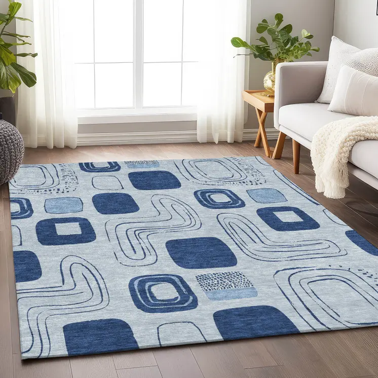 10' X 14' Blue And Sky Blue Geometric Washable Indoor Outdoor Area Rug