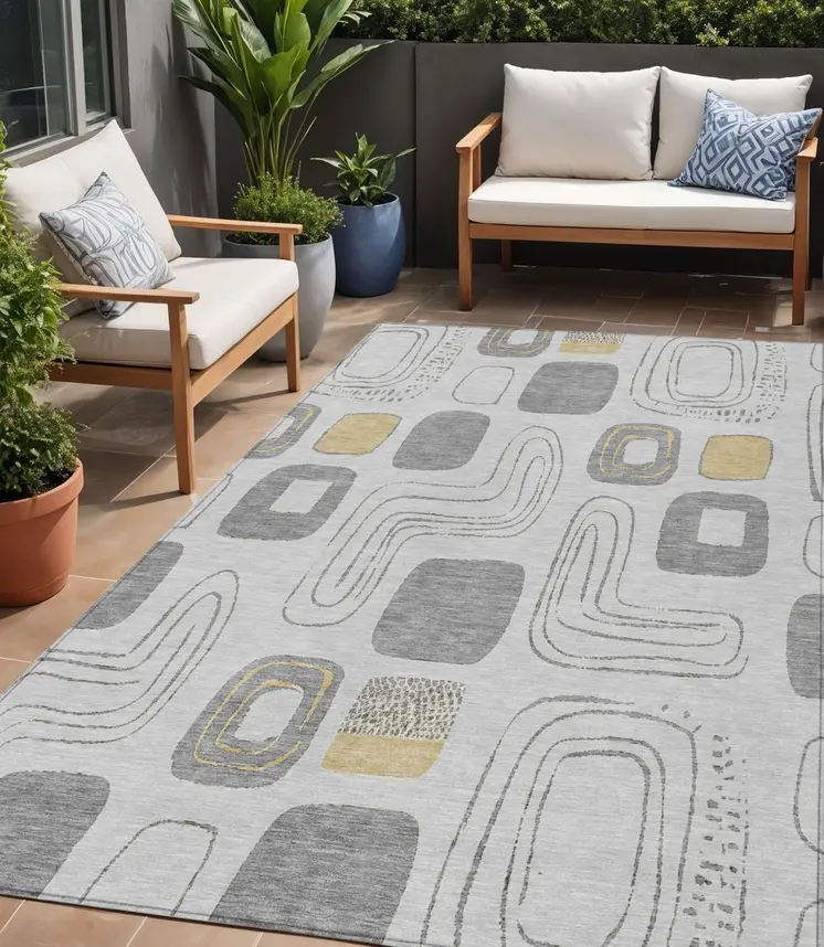 5' X 8' Gray Silver And Gold Geometric Washable Indoor Outdoor Area Rug