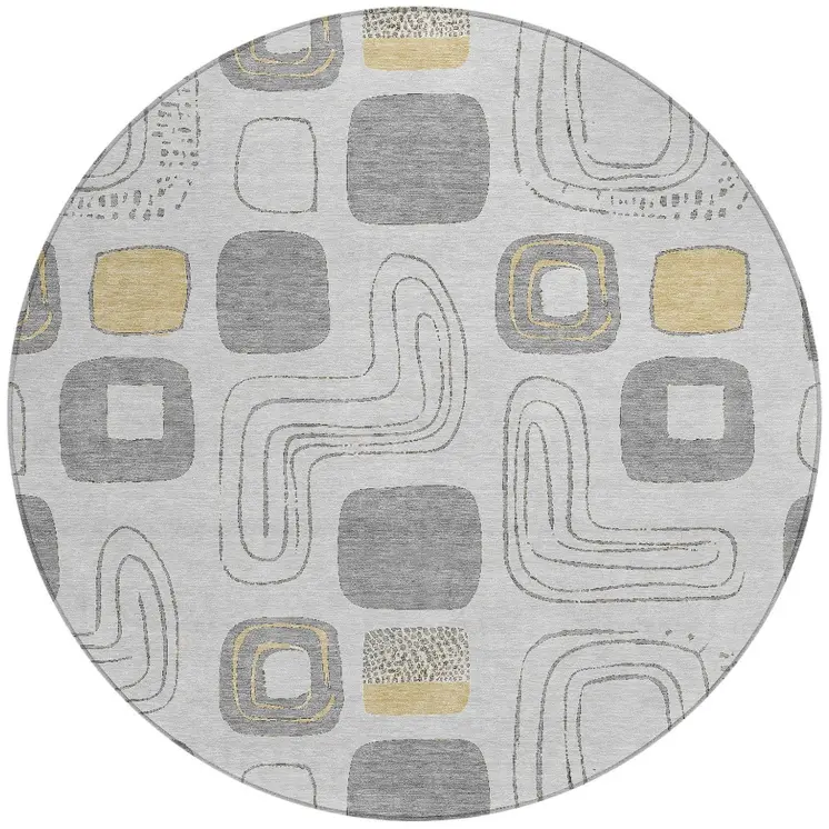 8' Gray Silver And Gold Round Geometric Washable Indoor Outdoor Area Rug