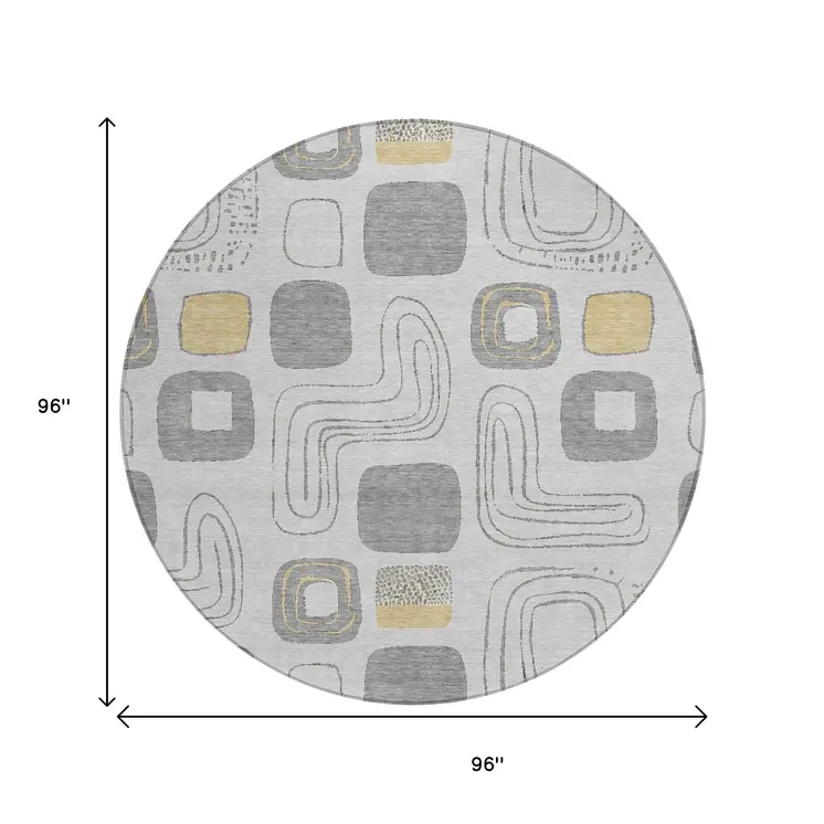 8' Gray Silver And Gold Round Geometric Washable Indoor Outdoor Area Rug