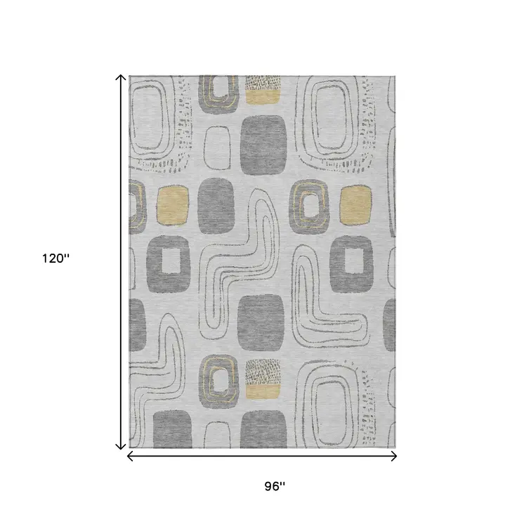 8' X 10' Gray Silver And Gold Geometric Washable Indoor Outdoor Area Rug
