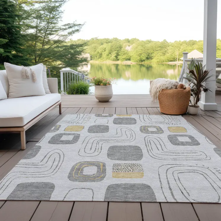 8' X 10' Gray Silver And Gold Geometric Washable Indoor Outdoor Area Rug