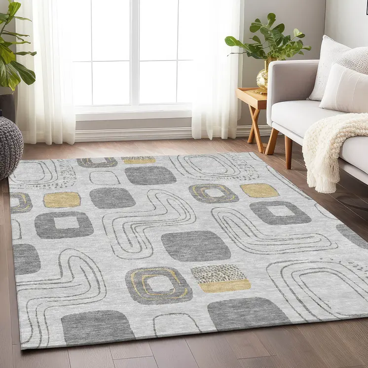 8' X 10' Gray Silver And Gold Geometric Washable Indoor Outdoor Area Rug