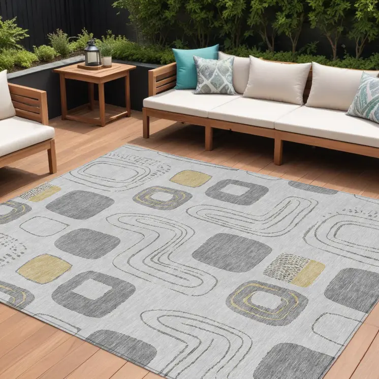 10' X 14' Gray Silver And Gold Geometric Washable Indoor Outdoor Area Rug