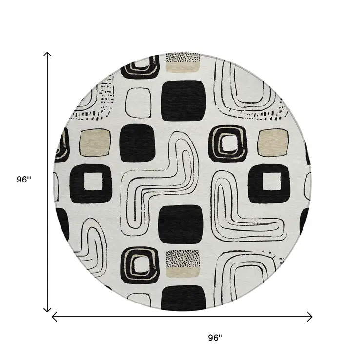 8' Ivory Black And Beige Round Geometric Washable Indoor Outdoor Area Rug