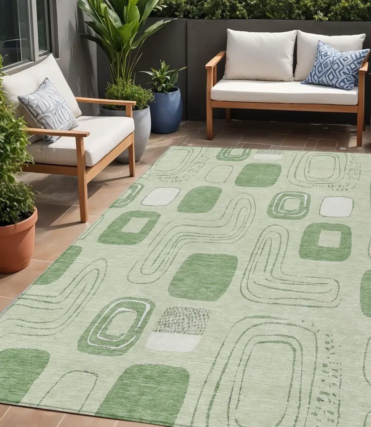 5' X 8' Mint Green And Ivory Geometric Washable Indoor Outdoor Area Rug