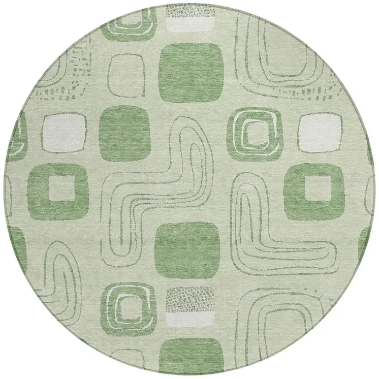 8' Mint Green And Ivory Round Geometric Washable Indoor Outdoor Area Rug