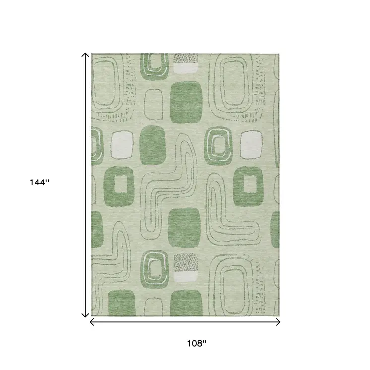 9' X 12' Mint Green And Ivory Geometric Washable Indoor Outdoor Area Rug