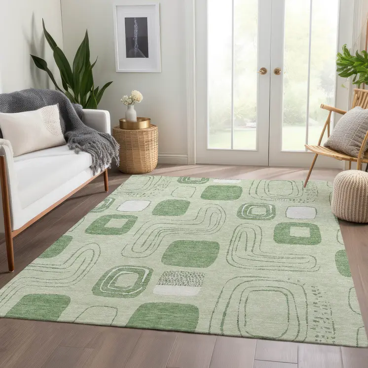 9' X 12' Mint Green And Ivory Geometric Washable Indoor Outdoor Area Rug