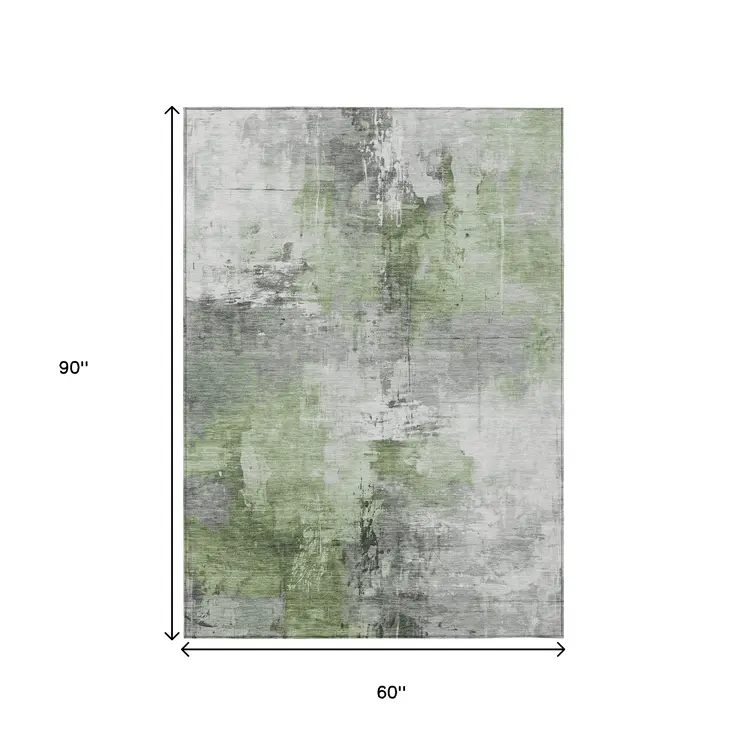 5' X 8' Green Gray And Silver Abstract Washable Indoor Outdoor Area Rug