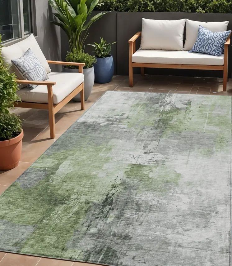 5' X 8' Green Gray And Silver Abstract Washable Indoor Outdoor Area Rug