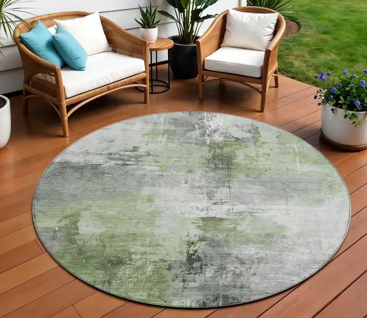 8' Green Gray And Silver Round Abstract Washable Indoor Outdoor Area Rug
