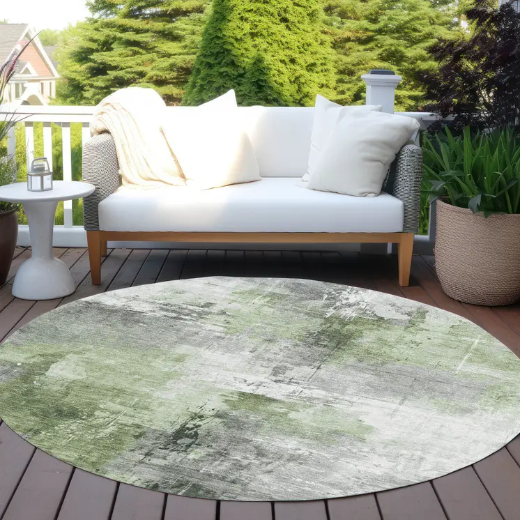 8' Green Gray And Silver Round Abstract Washable Indoor Outdoor Area Rug